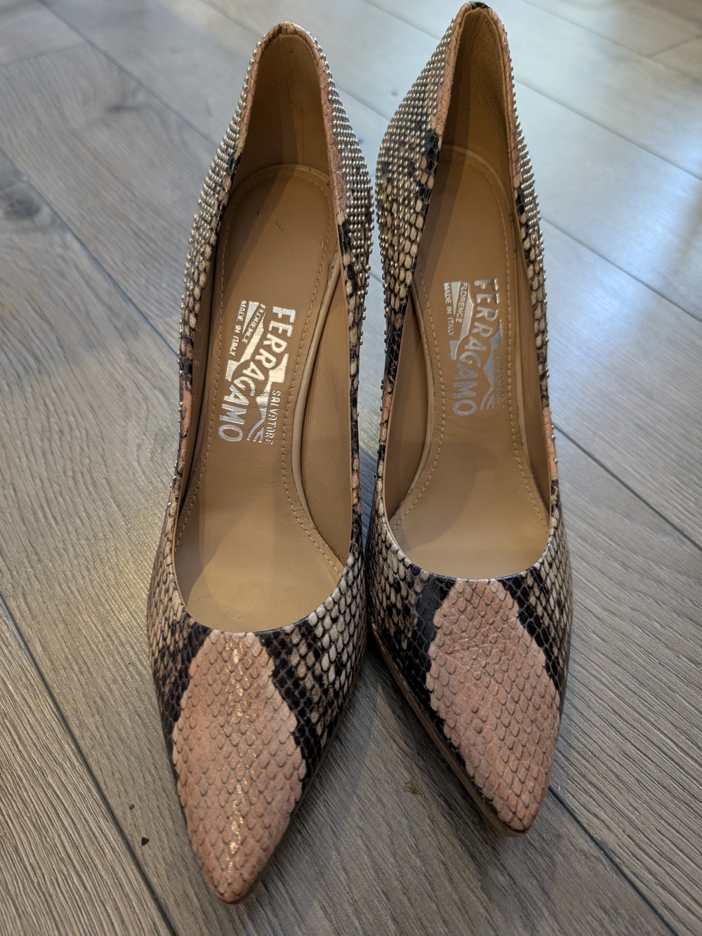 Salvatore Ferragamo Pink Snake-Print Pointed Toe Pumps
